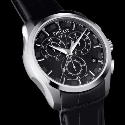 ساعه من tissot تعمل بعدادات بلون اسود وسير اسود من الجلد