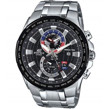 ساعه من Casio تعمل بعدادات بلون اسود وسير فضي من المعدن