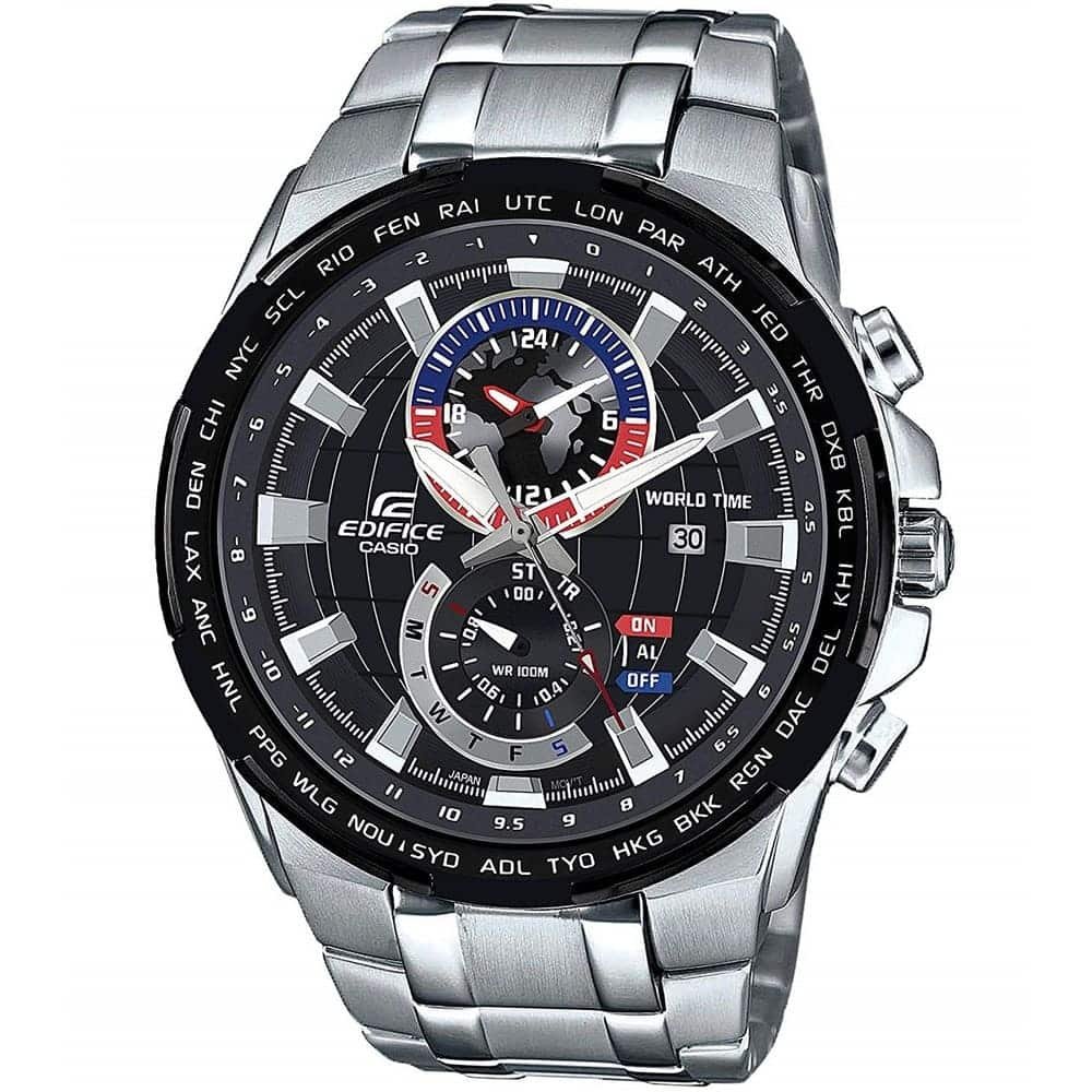 ساعه من Casio تعمل بعدادات بلون اسود وسير فضي من المعدن ساعه من Casio تعمل بعدادات بلون اسود وسير فضي من المعدن