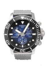 ساعه من tissot تعمل بعدادات بلون اسود & ازرق وسير فضي من المعدن