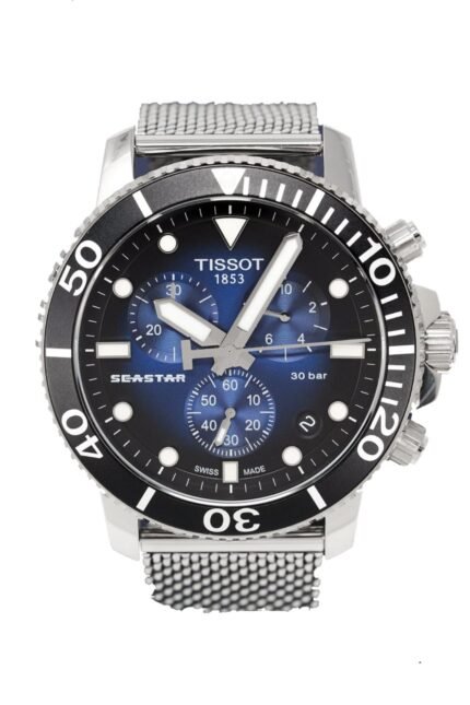 ساعه من tissot تعمل بعدادات بلون اسود & ازرق وسير فضي من المعدن