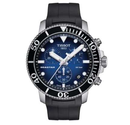 ساعه من tissot تعمل بعدادات بلون اسود وسير اسود من المطاط