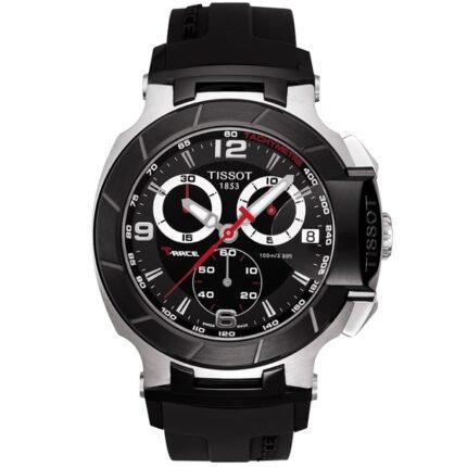 ساعه من tissot تعمل بعدادات بلون اسود وسير اسود من المطاط