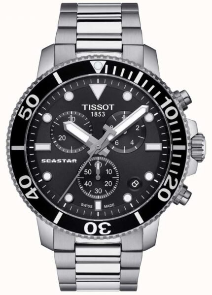 ساعه من tissot تعمل بعدادات بلون اسود وسير فضي من المعدن