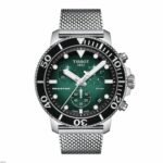 ساعه من tissot تعمل بعدادات بلون اسود  & اخضر وسير فضي من المعدن