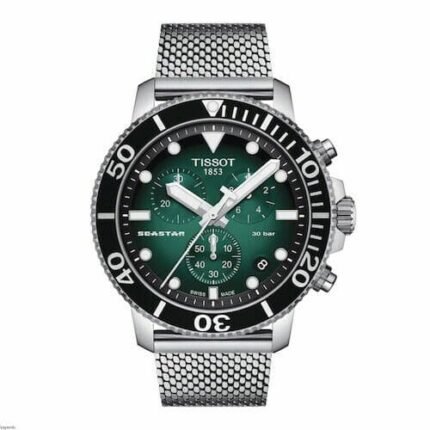 ساعه من tissot تعمل بعدادات بلون اسود  & اخضر وسير فضي من المعدن