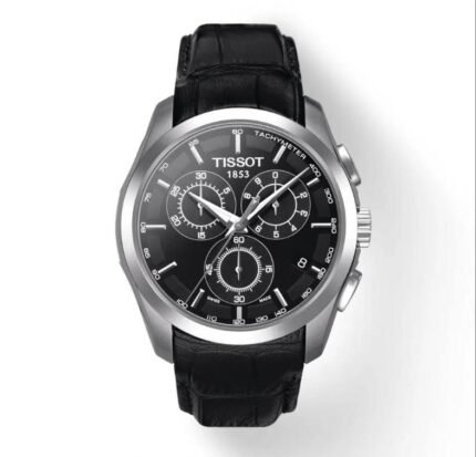 ساعه من tissot تعمل بعدادات بلون اسود وسير اسود من الجلد