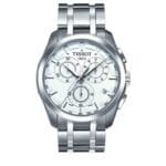 ساعه من tissot تعمل بعدادات بلون ابيض وسير فضى من المعدن