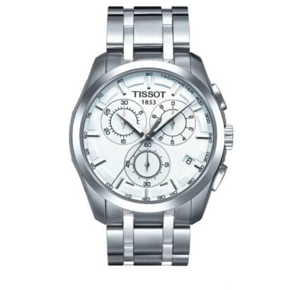 ساعه من tissot تعمل بعدادات بلون ابيض وسير فضى من المعدن