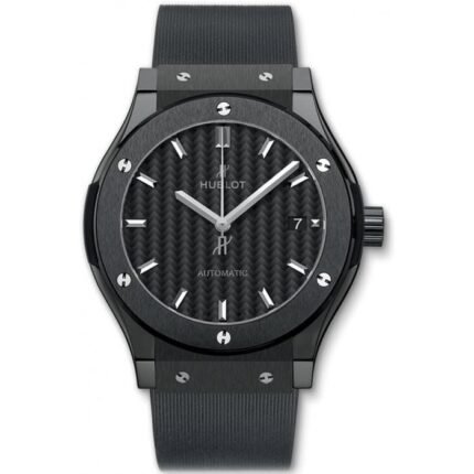 ساعه من Hublot تعمل بعدادات بلون اسود وسير اسود من المطاط
