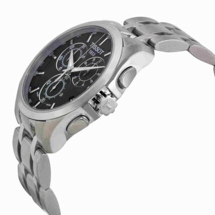 ساعه من tissot تعمل بعدادات بلون اسود وسير فضى من المعدن