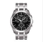 ساعه من tissot تعمل بعدادات بلون اسود وسير فضى من المعدن