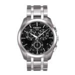 ساعه من tissot تعمل بعدادات بلون اسود وسير فضى من المعدن