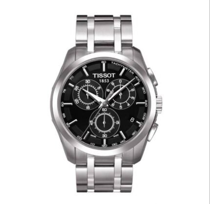ساعه من tissot تعمل بعدادات بلون اسود وسير فضى من المعدن