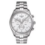 ساعه من tissot تعمل بعدادات بلون ابيض وسير فضى من المعدن