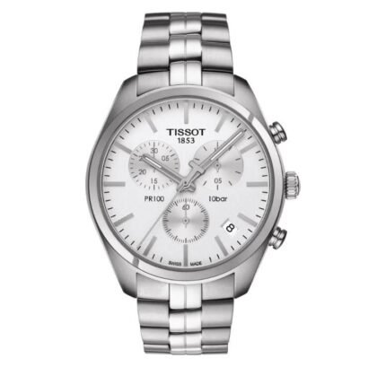 ساعه من tissot تعمل بعدادات بلون ابيض وسير فضى من المعدن