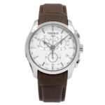 ساعه من tissot تعمل بعدادات بلون ابيض وسير بنى من الجلد
