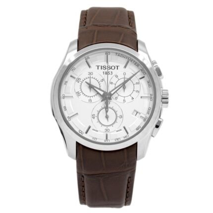 ساعه من tissot تعمل بعدادات بلون ابيض وسير بنى من الجلد