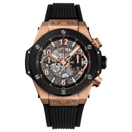 ساعه من Hublot تعمل بعدادات بلون اسود وسير اسود من المطاط