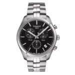 ساعه من tissot تعمل بعدادات بلون اسود وسير فضى من المعدن