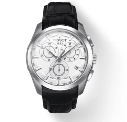ساعه من tissot تعمل بعدادات بلون اسود وسير اسود من الجلد