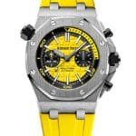 ساعه منِAudemars Piguet تعمل بعدادات بلون اصفر وسير اصفر من المطاط
