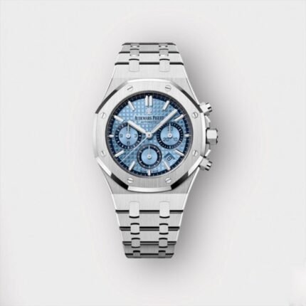 ساعةِAudemars Piguet تعمل بعدادات بلون ازرق وسير فضى من المعدن