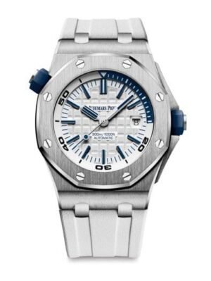 ساعه منِAudemars Piguet تعمل بعدادات بلون ابيض وسير ابيض من المطاط