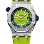 ساعه منِAudemars Piguet تعمل بعدادات بلون اخضر وسير اخضر من المطاط