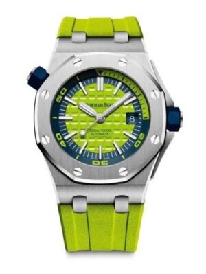 ساعه منِAudemars Piguet تعمل بعدادات بلون اخضر وسير اخضر من المطاط