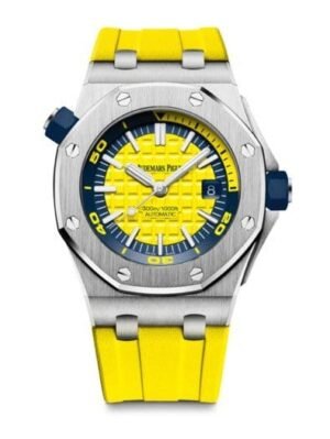 ساعه منِAudemars Piguet تعمل بعدادات بلون اصفر وسير اصفر من المطاط