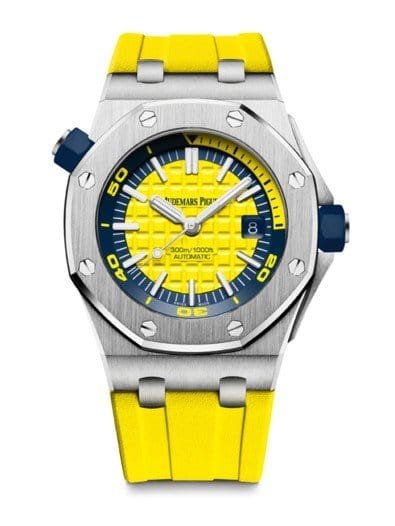ساعه منِAudemars Piguet تعمل بعدادات بلون اصفر وسير اصفر من المطاط ساعه منِAudemars Piguet تعمل بعدادات بلون اصفر وسير اصفر من المطاط