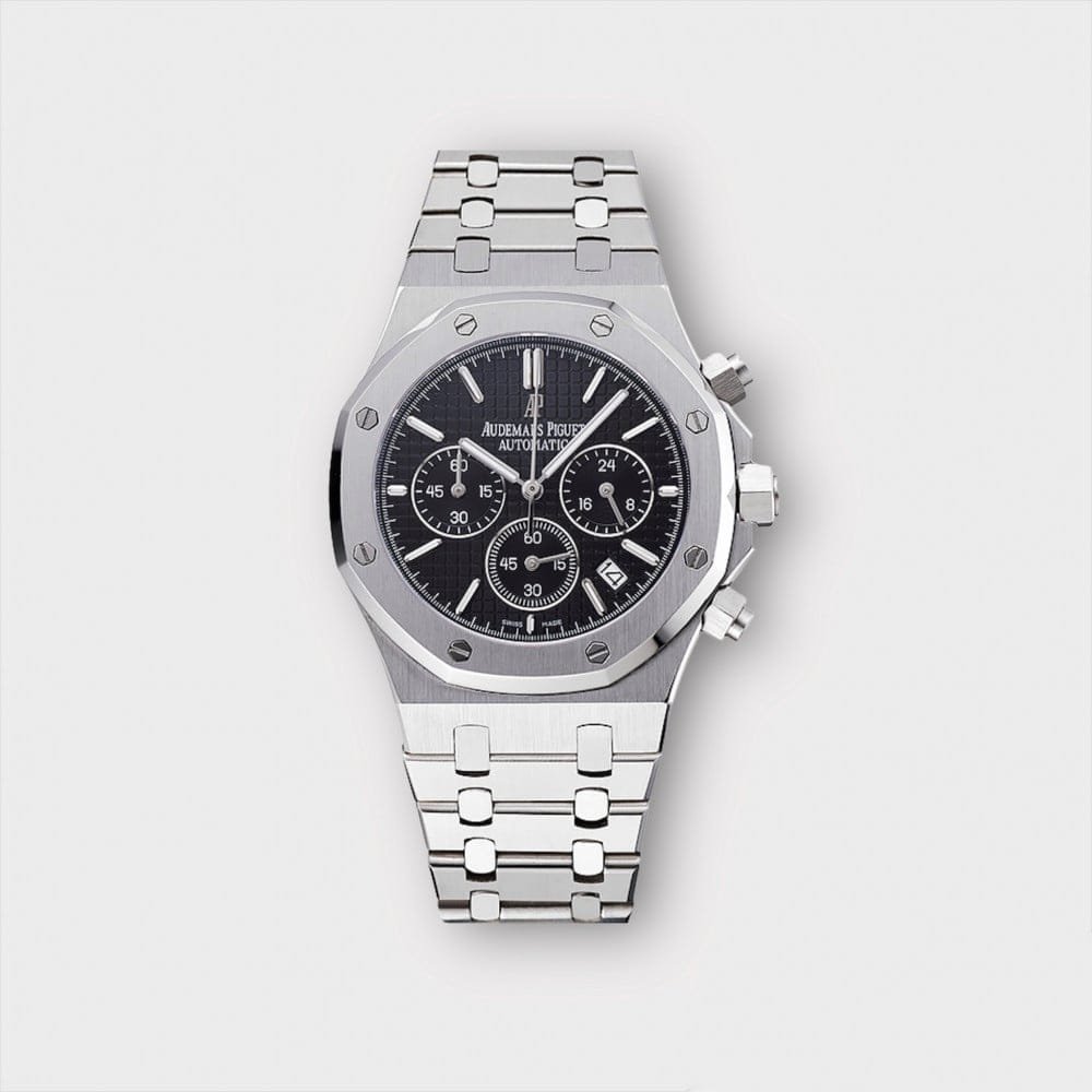 ساعةِAudemars Piguet تعمل بعدادات بلون اسود وسير فضى من المعدن ساعةِAudemars Piguet تعمل بعدادات بلون اسود وسير فضى من المعدن