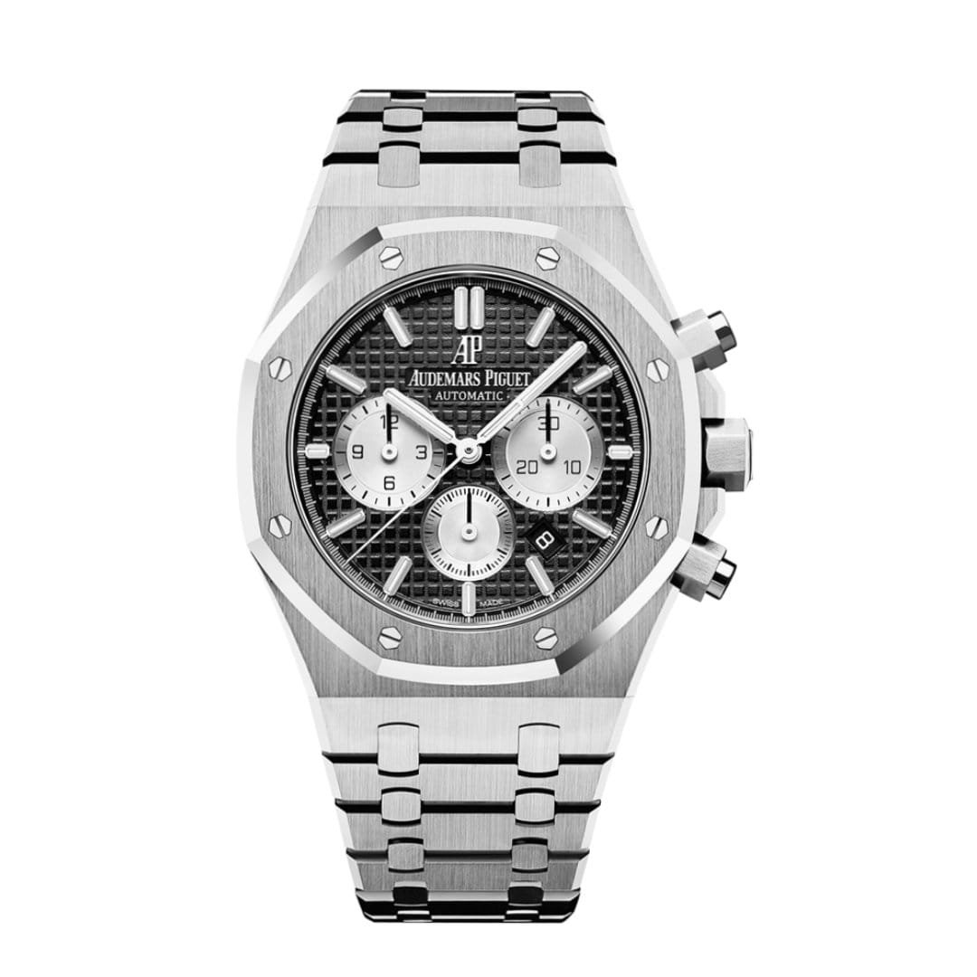 ساعة ِAudemars Piguet تعمل بعدادات بلون أسود وسير فضى من المعدن ساعة ِAudemars Piguet تعمل بعدادات بلون أسود وسير فضى من المعدن