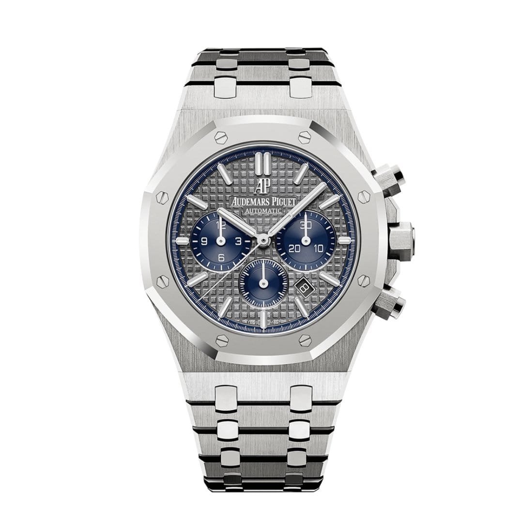ساعة ِAudemars Piguet تعمل بعدادات بلون رصاصى وسير فضى من المعدن ساعة ِAudemars Piguet تعمل بعدادات بلون رصاصى وسير فضى من المعدن