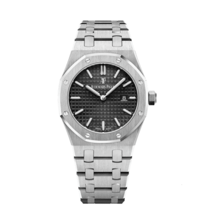 ساعة ِAudemars Piguet تعمل بعدادات بلون اسود وسير فضى من المعدن