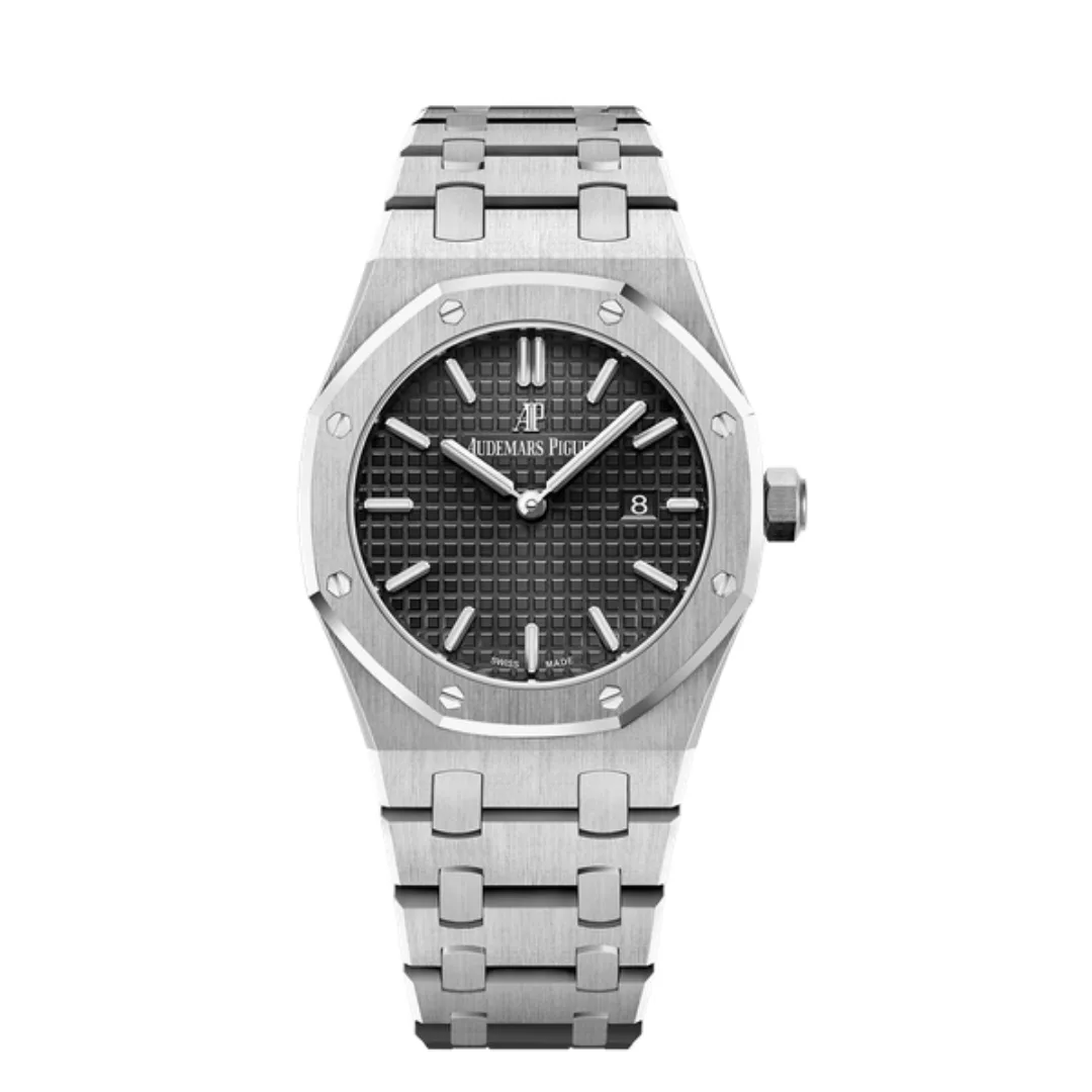 ساعة ِAudemars Piguet تعمل بعدادات بلون اسود وسير فضى من المعدن