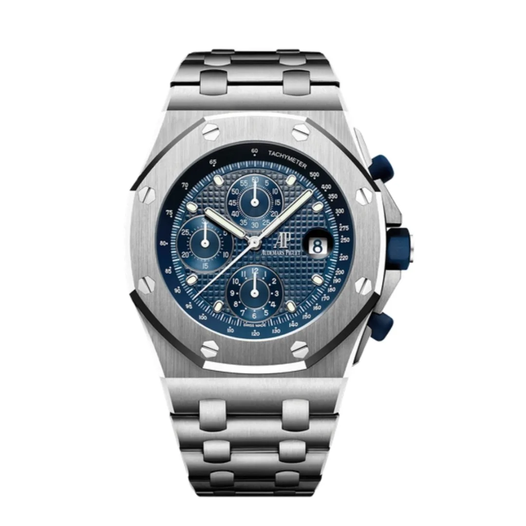 ساعةِAudemars Piguet تعمل بعدادات بلون ازرق وسير فضى من المعدن
