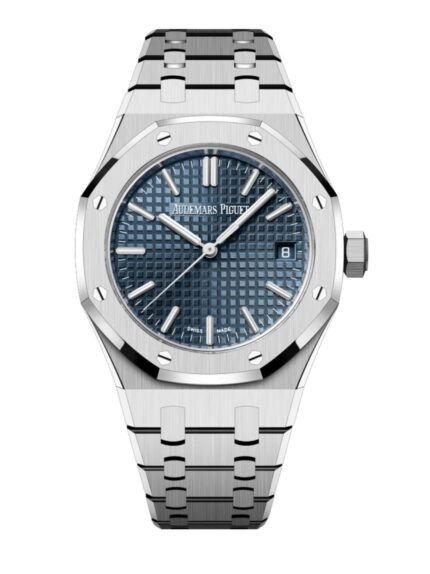ساعة ِAudemars Piguet تعمل بعدادات بلون ازرق وسير فضى من المعدن