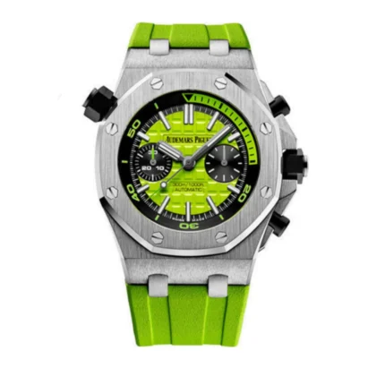 ساعه منِAudemars Piguet تعمل بعدادات بلون اخضر وسير اخضر  من المطاط