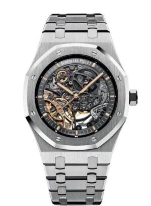 ساعة ِAudemars Piguet تعمل بعدادات بلون اسود وسير فضى من المعدن